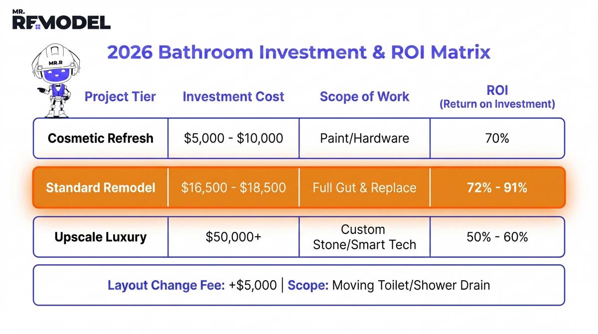 A technical data table comparing the 2026 costs, scopes, and ROI for budget, standard, and luxury bathroom remodels.
